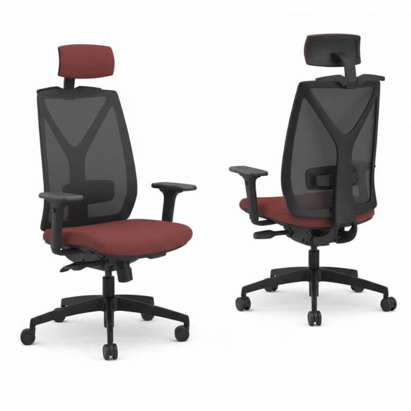 Poltrona operativa Happy nera, con poggiatesta, Executive Mesh - Selin Poltrona operativa Happy nera, con poggiatesta, Executive Mesh - Selin fronte e retro